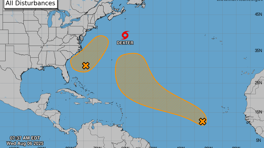 Tropical Storm Dexter strengthens as it heads to middle of Atlantic, two disturbances linger